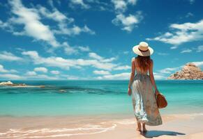 ai generatief jong toerist vrouw in zomer jurk en hoed staand Aan mooi zanderig strand. schattig meisje genieten van foto