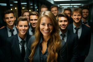 ai generatief groep van gelukkig bedrijf Mens en bedrijf Dames, gekleed in pakken zijn lachend, in de kantoor foto