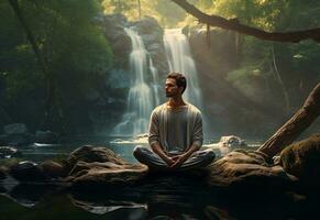 ai generatief foto van een Mens beoefenen opmerkzaamheid en meditatie in een vredig natuurlijk milieu Sony a7s realistisch afbeelding, ultra hd, hoog ontwerp heel gedetailleerd