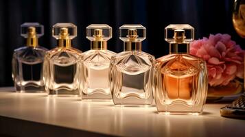 luxe geur flessen Bij parfum geur Bij presentatie evenement, op maat gemaakt parfumerie en schoonheid Product uitverkoop, generatief ai foto