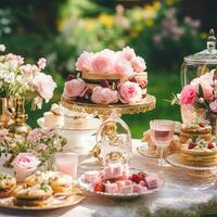 bruiloft buffet tafel, evenement toetje voedsel catering voor bruiloft, partij en vakantie viering, taarten, snoepgoed en desserts in een land tuin, generatief ai foto