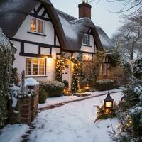 mooi land huisje versierd voor Kerstmis Aan een besneeuwd winter dag, vakantie en viering, generatief ai foto