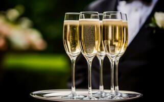 luxe onderhoud, bril van Champagne geserveerd door een ober Bij een bruiloft viering of evenement in formeel Engels stijl Bij luxueus hotel of land landgoed tuin, generatief ai foto