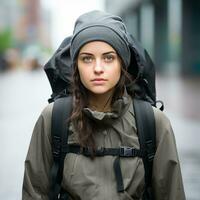 sportief Amerikaans vrouw backpacken foto