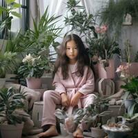 Chinese meisje in roze pyjama omringd door planten foto