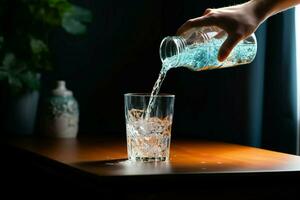 de handelen van gieten water van een fles in een glas, een gemakkelijk gebaar ai gegenereerd foto