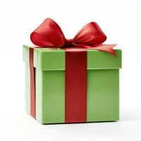 groen geschenk doos met rood lint, generatief ai foto