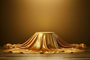 premie backdrop podium versierd met gouden kleding stof boven, instelling een tafereel van luxe. ai gegenereerd foto