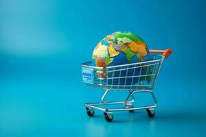 wereldwijd boodschappen doen concept trolley geplaatst Aan een blauw wereldbol oppervlakte vertegenwoordigt globaal handel. ai gegenereerd foto