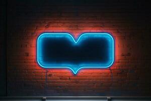 liefdes straling rood neon hart versierd door blauw kader Aan getextureerde stenen muur achtergrond. ai gegenereerd foto