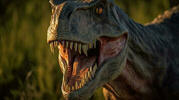 tyrannosaurus, t-rex in de Woud achtergrond, generatief ai foto