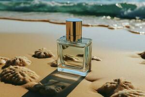 glas charme een plein parfum fles klaar subtiel Aan de zuiver wit strand ai gegenereerd foto