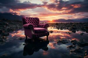 een pittoreske moment stoel ondergedompeld in nog steeds water, spiegelen zonsondergang en heuvels ai gegenereerd foto