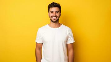 een jong Mens wit t-shirt model, de t overhemd schoon lijnen, en comfortabel fit zijn evident, met een zin van modern eenvoud en gewoontjes stijl, ai-gegenereerd foto