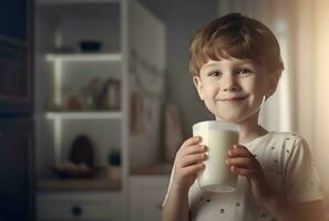 jongen drinken melk glas houden. genereren ai foto