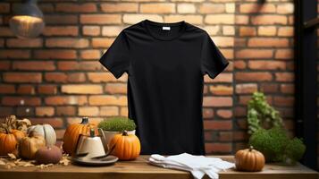 zwart vrouwen t-shirt mockup in een knus binnen- instelling, gepositioneerd tegen een rustiek steen muur versierd met feestelijk halloween stickers, ai-gegenereerd foto