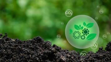 co2 emissie vermindering concept, schoon en vriendelijk milieu zonder koolstof dioxide uitstoot. aanplant bomen naar verminderen co2 uitstoot, milieu bescherming concept. foto