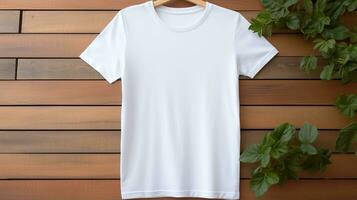 een wit vrouwen katoen t-shirt mockup is elegant weergegeven Aan een houten achtergrond, ai gegenereerd foto