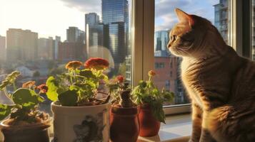 een kat zittend Aan een vensterbank, op zoek uit Bij de stad hieronder foto