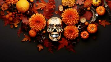 spaans erfgoed suiker schedel goudsbloem feestelijk dia de los Muertos achtergrond, ai gegenereerd foto