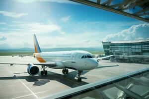 luchthaven venster visie een vlucht duurt uit in de zonnig, Doorzichtig lucht ai gegenereerd foto