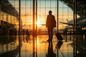 aan het wachten Bij de luchthaven, een zakenman silhouet met een koffer, reizen voor bedrijf ai gegenereerd foto