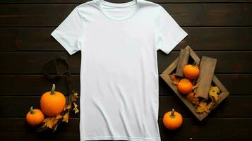 wit vrouwen t-shirt mockup houten achtergrond, ai gegenereerd foto