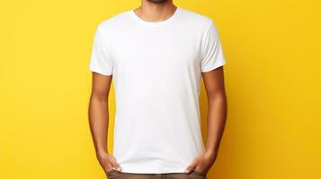wit t-shirt Aan een persoonlijk mockup ontwerp geel achtergrond, ai gegenereerd foto