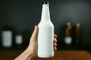 hand- grepen een wit gelabeld fles, een minimalistische ontwerp in de personen grijpen ai gegenereerd foto