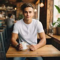 een knus koffie winkel, een jong Mens zit Bij een tafel vervelend een bella canvas wit t overhemd model, ai gegenereerd foto