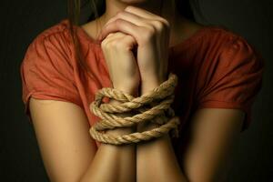 een dames handen gebonden door touw, symboliseert terughoudendheid en kwetsbaarheid ai gegenereerd foto