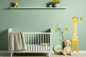 groen achtergrond mockup muur in een kinderen kamer, perfect voor creatief ontwerp ai gegenereerd foto