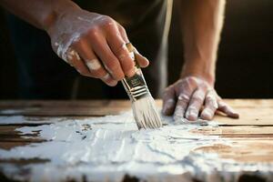 expressief creatie mannetje hand- ingewikkeld verven hout met wit, verbeteren textuur sfeer. ai gegenereerd foto