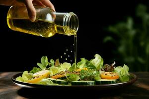 elegant, een vrouw hand- giet olijf- olie van een glas fles op salade ai gegenereerd foto