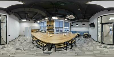 360 naadloos hdri panorama visie binnen keuken en dining kamer in modern kantoor in equirectangular bolvormig projectie, klaar ar vr virtueel realiteit inhoud foto