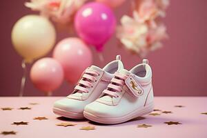 pastel perfectie baby meisjes schoenen en een grillig roze eenhoorn ai gegenereerd foto