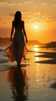 eenzaamheid Bij zonsopkomst, jong vrouw in wit jurk wandelingen Aan strand verticaal mobiel behang ai gegenereerd foto