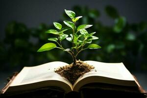 boek Pagina's koesteren een bloeiend groen plant, een symbool van kennis groei ai gegenereerd foto