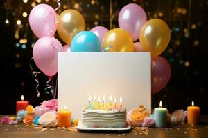 vieren een kind verjaardag met deze kaart presentatie van ballonnen, taart, kaarsen, en cadeaus ai gegenereerd foto