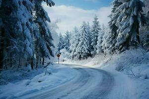 betoverend tafereel met sneeuw bedekt weg winden te midden van besneeuwd Spar bomen, creëren pittoreske schoonheid. ai gegenereerd foto