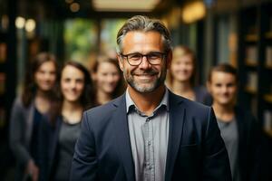 ai generatief groep van gelukkig bedrijf Mens en bedrijf Dames, gekleed in pakken zijn lachend, in de kantoor foto