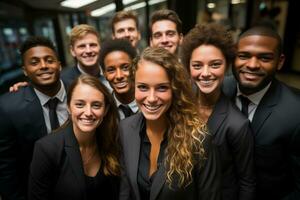 ai generatief groep van gelukkig bedrijf Mens en bedrijf Dames, gekleed in pakken zijn lachend, in de kantoor foto