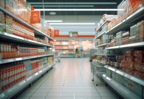 ai generatief wazig boodschappen doen schappen in supermarkten en afdeling winkels realistisch beeld ultra hd hoog ontwerp foto