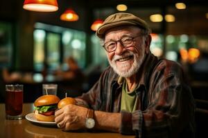 ouderen Mens genieten van hamburger Bij retro diner achtergrond met leeg ruimte voor tekst foto