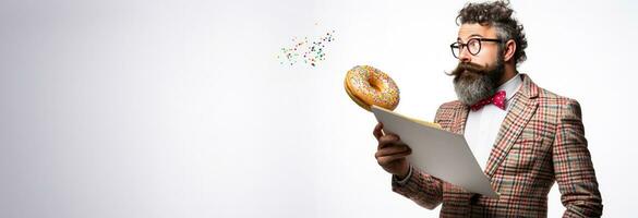 artiest genieten een donut terwijl brainstorming geïsoleerd Aan een wit achtergrond foto