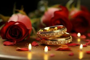dichtbij omhoog bruiloft ringen glans tegen een backdrop van rood rozen en kaarsen ai gegenereerd foto