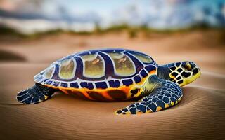 onthulling van de natuur meesterwerk, de voortreffelijk fijne kneepjes van een zee schildpadden schelp in verbijsterend detail. ai gegenereerd foto