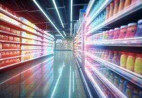 ai generatief wazig boodschappen doen schappen in supermarkten en afdeling winkels realistisch beeld ultra hd hoog ontwerp foto