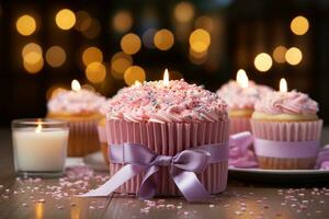 kaarsen gloeiend Aan koekje, roze met lint omwikkeld geschenk een vreugdevol verjaardag tafereel ai gegenereerd foto