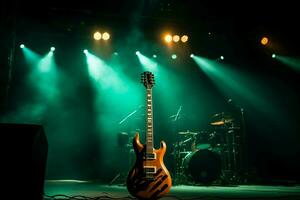 een stadium gloeiend met verlichting, elektrisch gitaren klaar gedurende voorshow geluid cheques. ai gegenereerd foto